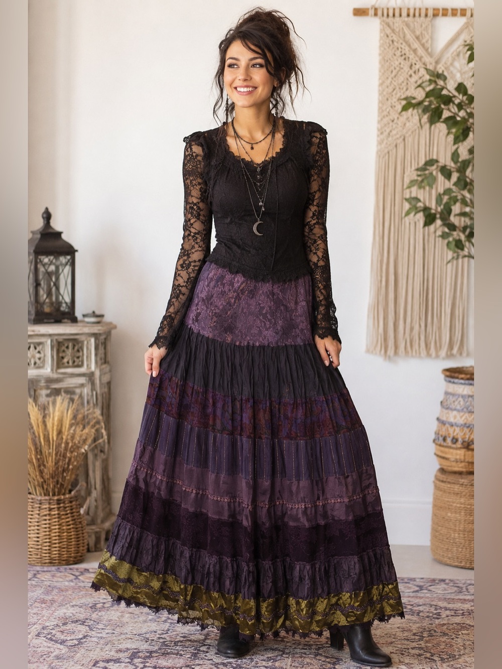Bohemian Patchwork Multi Tiered Maxi Broomstick Skirt Purple/Green Whimsigoth